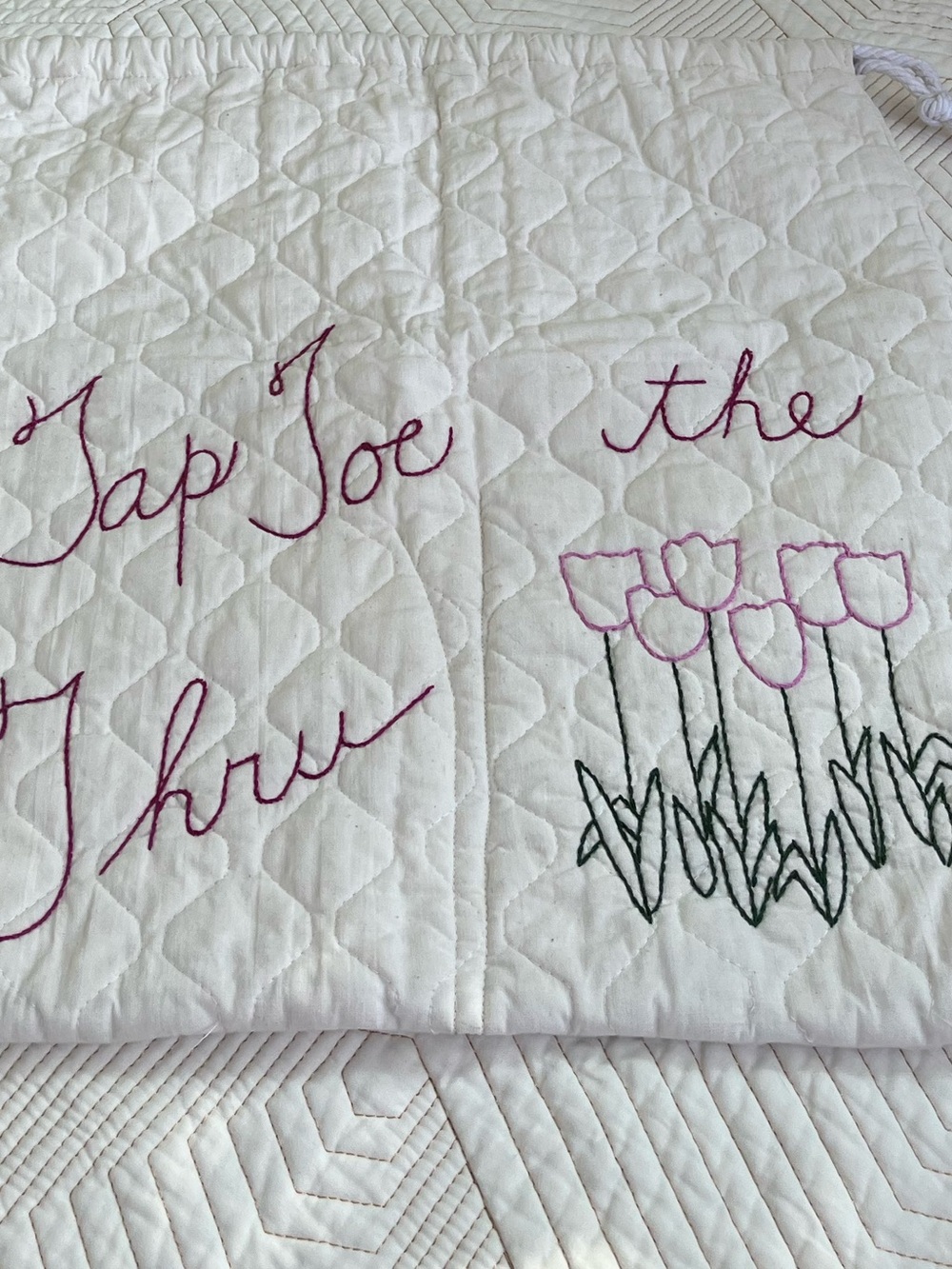Cream Quilted gift Bag with Pink Tulip Embroidery